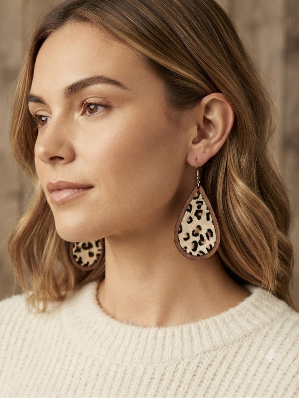 Leopard Print Teardrop Wood Earrings - Brown & Black